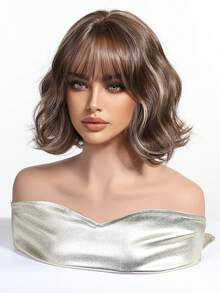 10英寸亚麻棕色短款波浪卷发合成耐热假发，带刘海，适合日常佩戴、派对和角色扮演 - 間色 - 查看 5