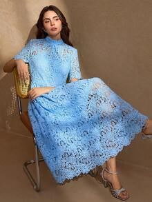 优雅圆领后背拉链腰部褶皱 A 字下摆蕾丝花边奢华女士连衣裙 - 淺藍色 - 查看 8