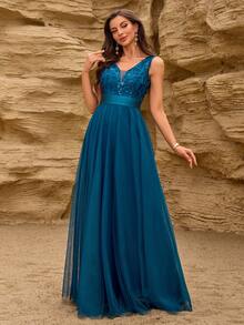 V领无袖刺绣网纱A字型正式伴娘礼服、优雅派对礼服、正式婚礼宾客礼服、毕业典礼礼服、春季晚礼服 - 水鴨藍 - 查看 4