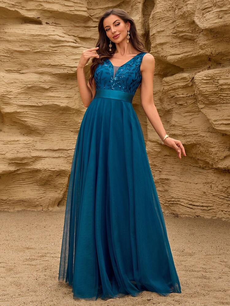Vestido de dama de honor formal de línea A con cuello en V sin mangas, bordado y de malla, vestido de fiesta elegante, vestido de invitado de boda formal, vestido de ceremonia de graduación, vestido de noche de primavera - Agua verde azul - Añade 3