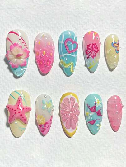30pcs/Pack Summer Beach Shell Nail Art Stickers, 3D Starfish, Flower, Butterfly, Heart & Almond Shaped Nail Decorations, Adding Romantic Vibe, Suitable For Daily Dates. Includes 1pc Nail File And 1pc Jelly Gel.