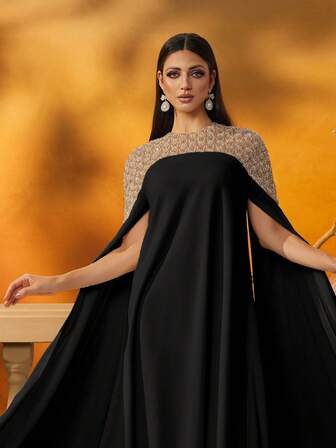 AmazingHoney Elegante vestido negro tipo kaftan de manga larga con bordados pesados de cuentas, abaya larga y lujosa para mujeres, vestido modesto, vestidos árabes para mujeres