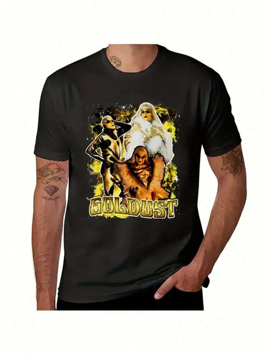 Plus Size Men's Vintage Goldust Wrestling Graphic T-Shirt-Oversized Tee With Bold "Goldust" Print Black Streetwear For All Seasons Wrestling T Shirt Big And Tall Men Clothing - Black - View 1