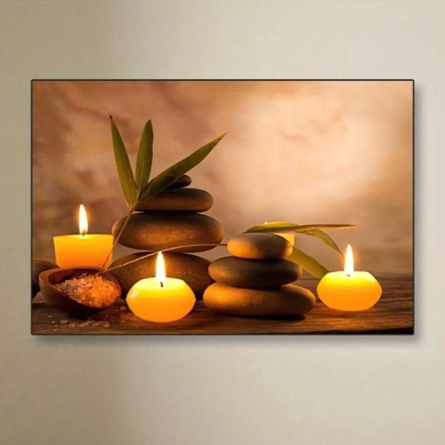 Stampa su tela da parete di cartellone d'arte per camera da letto, ufficio, soggiorno, arte per meditazione zen, idea regalo, con opzione di cornice, raffigurante candele e pietre per massaggi per relax e spa