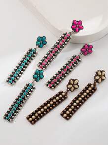 1 Pair Women's Vintage Inlaid Turquoise Long Dangle Earrings, Suitable For Banquet Wear