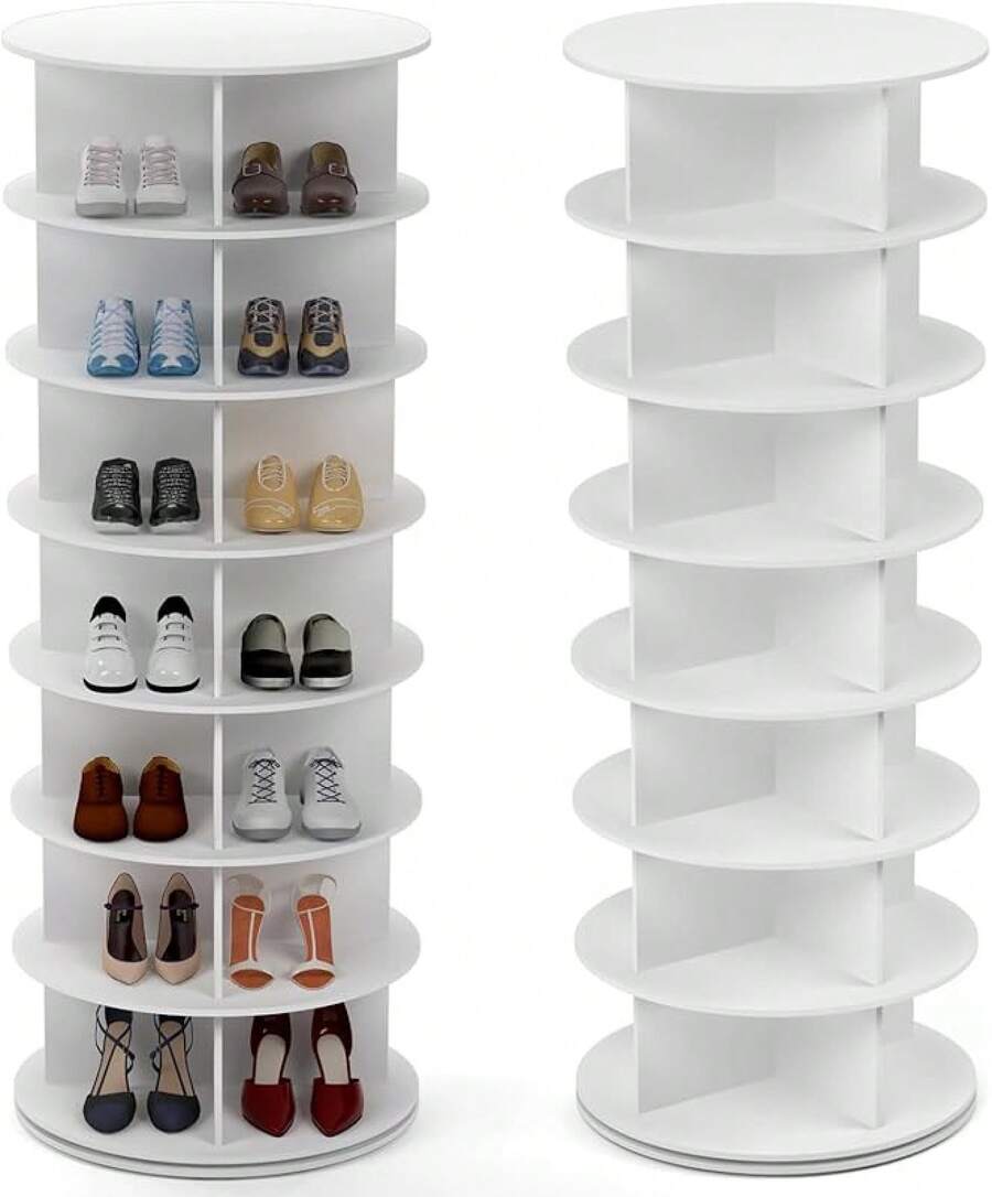 Rotating Shoe Cabinet, 360 Degree Shoe Rack Storage - Round Carousel Vertical Handbag Organizer (White, 7 Tier) - White - View 1