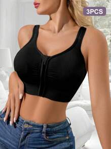 3 pièces Soutien-gorge de sport à fermeture éclair frontale pour femmes, confortable et respirant avec coussinets de poitrine, sous-vêtements de fitness et de yoga
