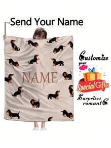 1pc Customized Name Dachshund Fleece Blanket, Unisex, Soft Plush Throw For Girls, Boys, Teens, Adults, Christmas Gift, All-Season, Reversible, Machine Washable, Contemporary Style, Digital Print, Superfine Fiber Cover, 260-300g Square