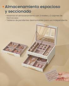 SONGMICS HOME ANAH Colección - Caja Joyero de 3 Capas con Espejo, Organizador Joyas con 2 Cajones, MJBC183W01 - Nube blanca - Ver 6
