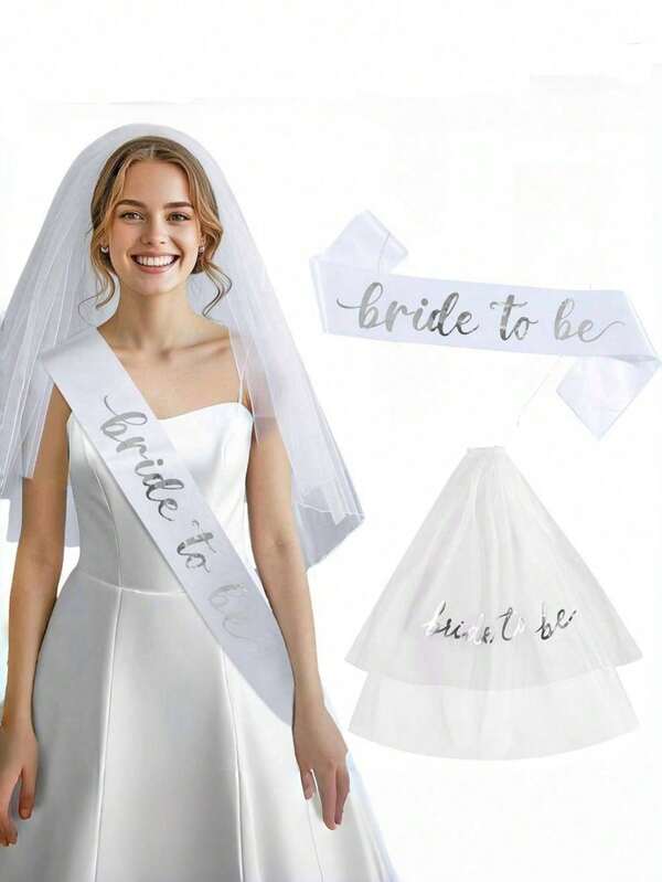 2pcsBridal Headband, Ladies' Bride, (Veil + Shoulder Strap Ceremonial Strap) Suitable For Bachelors' Parties, Shower Gifts And Hair Accessories, Suitable For Bridal Headbands, Bridal Crowns, Hen Parties, Bridal Gift-Giving Events, Bachelors' Parties, Festival Party Supplies