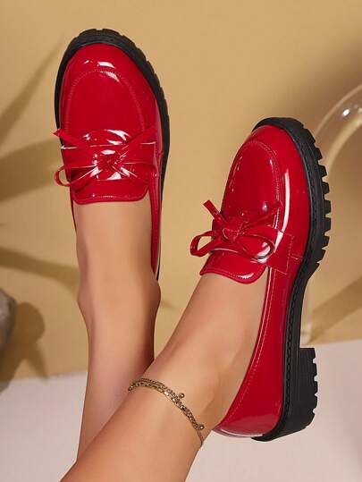 Women's Red Thick Sole Loafers, Bow Decor Flats, Black Leather Shoes, Retro Thick Sole Loafers, Suitable For All Seasons