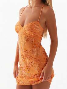 Women Mini Dress Sequins Flower Embroidery Sleeveless Cami Dress Summer Cross Backless Spaghetti Strap Dress - trái cam - Xem 4