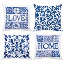 4PCS Blue And White Porcelain Floral "LOVE" "HOME" Letter Pattern Pillow Covers [Without Pillow Inserts], 17.7*17.7in(45*45cm), [Single-Sided Printing], Polyester Decor Pillow Cases, Home Decor, Bedroom Decor, Room Decoration For Sofa, Bed, Living Room, Bedroom, Car, Office, Hotel, Perfect Gift For Family And Friends, All Seasons