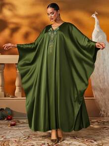 Elegant Green Embellished Kaftan Evening Gown With V-Neck , Friendly Formal Dress For Women, Luxury Abaya Style Gown For Party And Wedding,Long Formal Dress,Modest Style Dress - Army Green - View 5