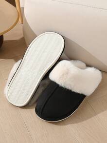 男女新款加厚羊毛拖鞋，保暖防滑室内一脚蹬家居拖鞋 - 黑色 - 查看 4