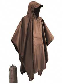 1 套带口袋的连帽雨披，3 合 1 多功能便携式雨衣，PU 雨衣，防风防水防尘纯色，适合徒步露营钓鱼，男女通用均码，2 件套（储物袋 + 带口袋的雨披）