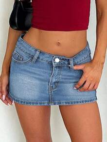 美式街头风格夏季时尚新款复古中腰简约性感女士牛仔迷你裙 - 中等水洗藍 - 查看 3