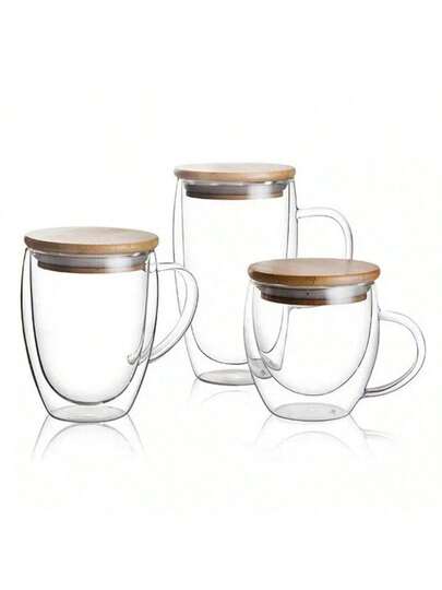 1-2 个 250-350 毫升双层隔热玻璃咖啡杯，带手柄和竹盖，适用于冰美式咖啡、奶茶、卡布奇诺、茶包，也可用作浓缩咖啡机配件 返校