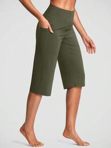 Women's Yoga Capri Pants Straight Leg High Waisted Stretchy Athletic Capris Pants With 3 Pockets For Workout Casual - Army Green - View 2