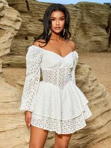 女士激光切割刺绣泡泡袖分层荷叶边长袖连衣裙