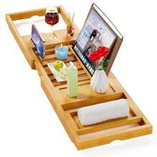 Adjustable Bamboo Bath Tray Table – Luxury Wooden Tub Caddy With Expandable Sides For Wine, Books, Candles & Spa Essentials