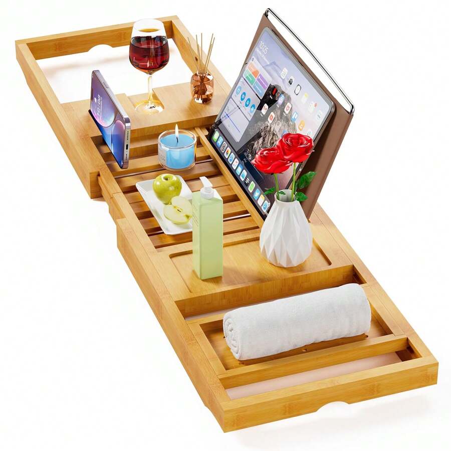Adjustable Bamboo Bath Tray Table – Luxury Wooden Tub Caddy With Expandable Sides For Wine, Books, Candles & Spa Essentials