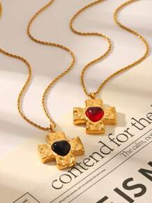 1 pieza/2 piezas, Collar con dije de cruz de acero inoxidable chapado en oro de 18k con ágata roja y obsidiana negra, joyería de lujo clásica de acero inoxidable para mujer, regalo para boda, graduación o festivo