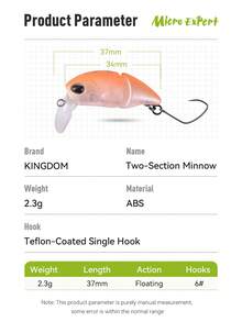 Kingdom 双节小鱼饵 2.3 克 37 毫米 浮动硬饵 ABS 渔具 人造硬饵 摇摆饵 渔具 摇摆器