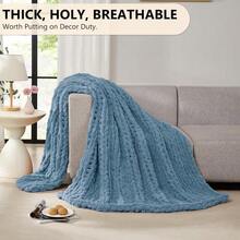 Chunky Knit Blanket - Soft Chenille Yarn Throws 40x50: Handmade Thick Cable Crochet Blanket - Large Chunky Yarn Rope Knot Throw For Couch, Sofa, Bed Home Decor - 空氣藍 - 查看 5