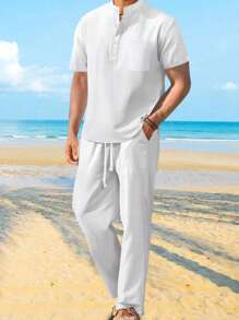 Mens Pants Set Loose Solid Color Short Sleeve Henley Tops Drawstring Pants 2 Piece Causal Outfit