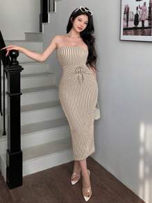 abyoxi Apricot Color Off Shoulder Waist Drawstring Tied Design Sexy Slim Fit Tube Top Midi Dress With Stripe Textured Fabric Casual Vacation Simple For Spring And Summer New Fashionable Women's Clothing
