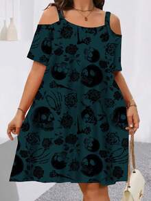 Summer Minimalist Skull Print Hollow Out Short Sleeve Dress - Dark Green - View 6