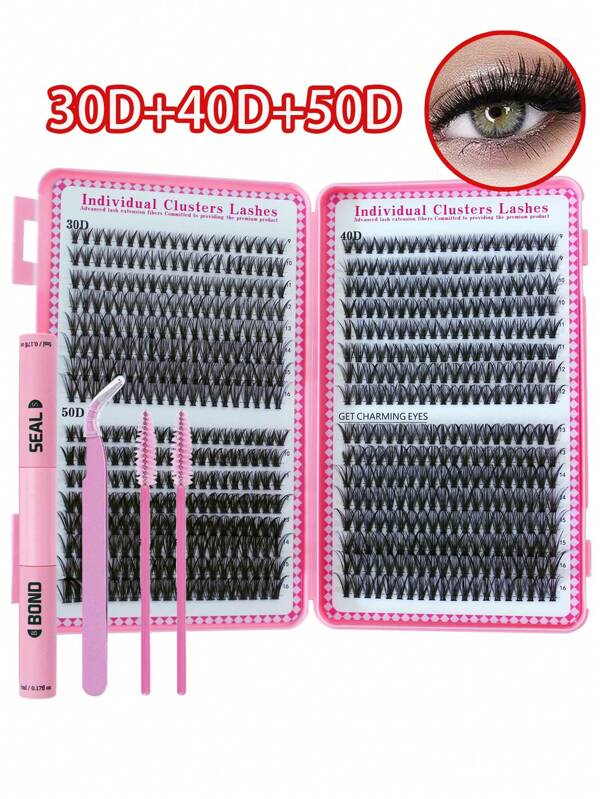 Kit de extensiones de pestañas clusters DIY, Kit de extensiones de pestañas con rizado D, Kit de clusters de pestañas individuales negras de 9-16 mm 640 piezas, Kit de extensiones de clusters de pestañas con rizado D30+D40+D50 negro, Pestañas postizas clusters de gran capacidad
