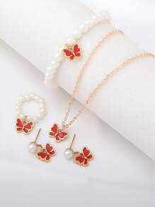 5 Pieces Girl Pearl Drop Oil Small Butterfly Necklace Bracelet Ring Simple Match All Set