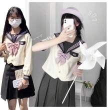 Sailor Uniform, Grey, High School Girl, Uniform, Cosplay, Cute, Authentic Uniform, Long Sleeves, 4-Piece Set, Embroidered Pattern, Bow, School Uniform, Girls' Uniform, Short Sleeves, JK, Halloween, Costume, Junior High School Student, School Uniform, Cultural Festival, School Festival, Graduation Ceremony