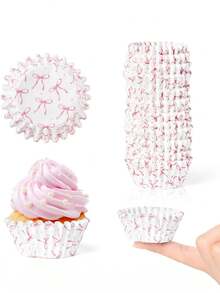 50/75/100个粉色蝴蝶结防油蛋糕纸托，薛媚娘纸托耐高温蛋糕纸杯，防油纸杯，烘焙蛋糕纸杯，粉色派对蛋糕甜品纸杯，婚礼派对蛋糕纸杯，情人节母亲节蛋糕纸杯，