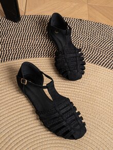 女士镂空角斗士凉鞋 T 型带踝带闭合趾平底凉鞋编织透气休闲镂空一脚蹬平底夏季沙滩鞋，棕色 - 黑色 - 查看 2