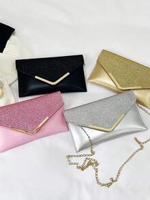 1入組閃閃發光的V字形金色金屬框架女性晚宴手提包，閃閃發亮 - 黑色 - 查看 2