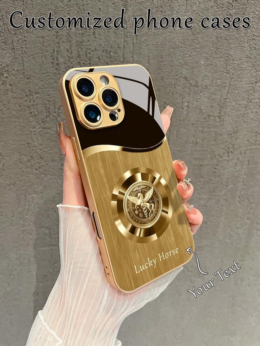 1pc Customizable Name Letter Lucky Horse Pattern High Definition Golden Glass Phone Case, Compatible With Apple 17 Pro Max/16 Pro Max/15/14 Plus/13 Pro/12 Pro Max/11/Xs Max/8 Plus, Galaxy S24 Ultra/S25 Ultra, Fashionable, Colorful, Cute, Fun, Minimalist, Matching Phone Case - Multicolor - View 1