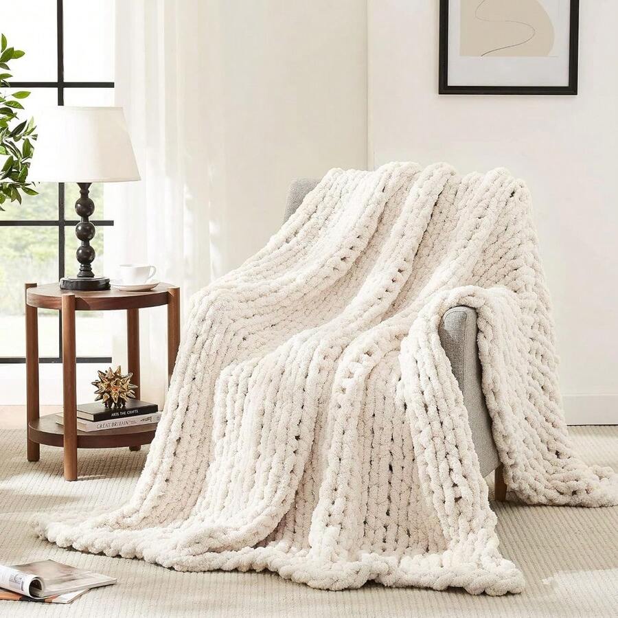 Chunky Knit Blanket - Soft Chenille Yarn Throws 40x50: Handmade Thick Cable Crochet Blanket - Large Chunky Yarn Rope Knot Throw For Couch, Sofa, Bed Home Decor - Ivory - 查看 1