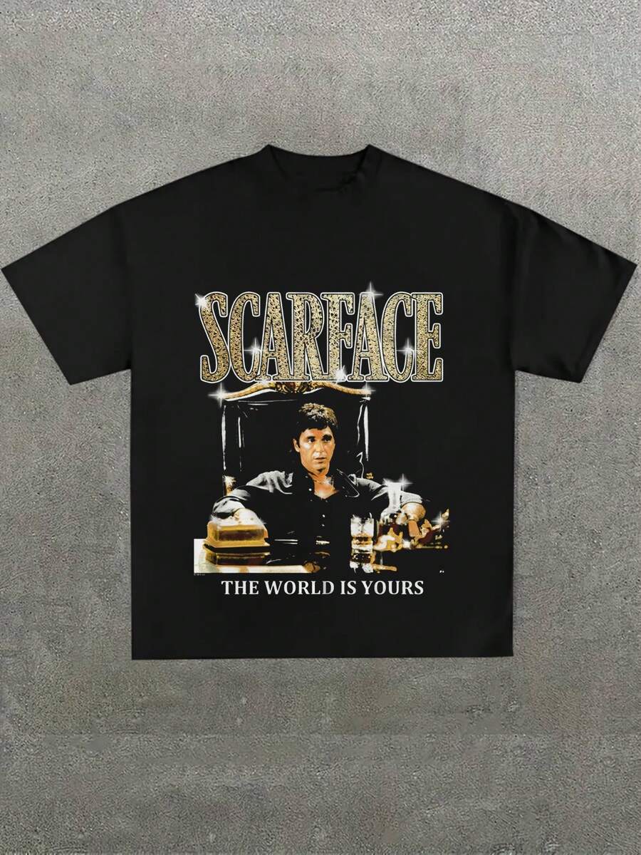 Camisa con "" y "THE WORLD IS YOURS" - Estilo de Película y Legendario,Camiseta casual de cuello redondo y manga corta con estampado,adecuada para uso diario en primavera y verano,unisex - Negro - Ver 1