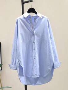Plus Size Women Regular Length Shirt Collar Blouse, Drop Shoulder Long Sleeve, Button Decor Asymmetric Hem Spring - Blue - View 4