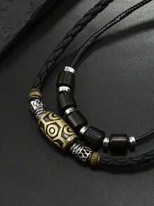 1pc Retro Punk Style Personalized Necklace Bracelet Set, Woven Wax Rope Vintage Pendant Choker Necklace Beaded Bracelet Jewelry Accessories, Suitable For Daily Wear, Gift For Friends And Family