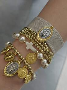 1pc Saint Benedict Religious Handmade Bracelet With Faux Pearl, Shell, Copper Bead, Suitable For Daily Wear For Women - Mixed Bag Copper Bead Bracelet - View 2