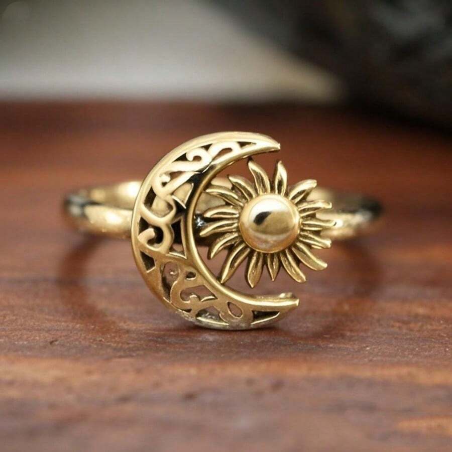 1 件复古简约月亮和太阳装饰戒指，适合婚礼、派对、节日和女士日常佩戴 - 金色 - 查看 1