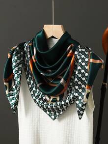 1pc 90*90cm Popular Anti-UV Headscarf Shawl, Muslim Unisex Outdoor Windproof Dust-Proof Hijab, Air-Conditioned Room Scarf, Thin Seasonal Chain Print Colored Square Bandana Scarves (Blue, Green) - A - View 23