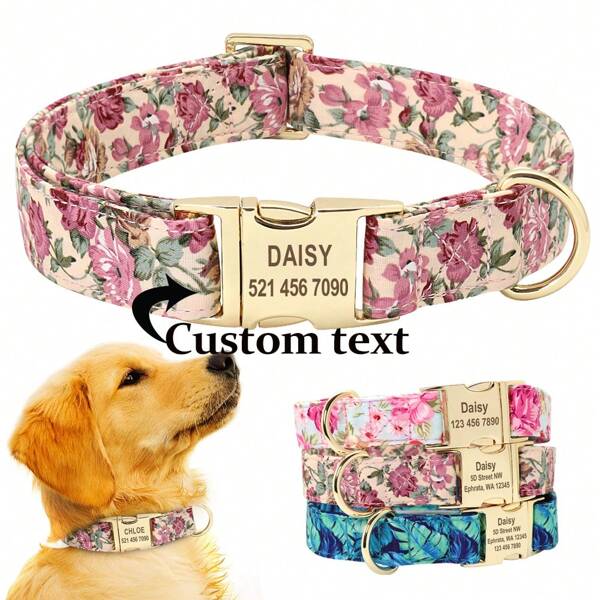 Collar personalizado para mascotas con diseño de estampado de flores grabado, etiqueta de identificación ajustable antiperrida para perros pequeños, medianos y grandes, ornamental, con estilo grabado, de moda, colorido, vintage, lindo, sencillo, adorable, personalizado, único, personalizado, para aniversarios, para cumpleaños