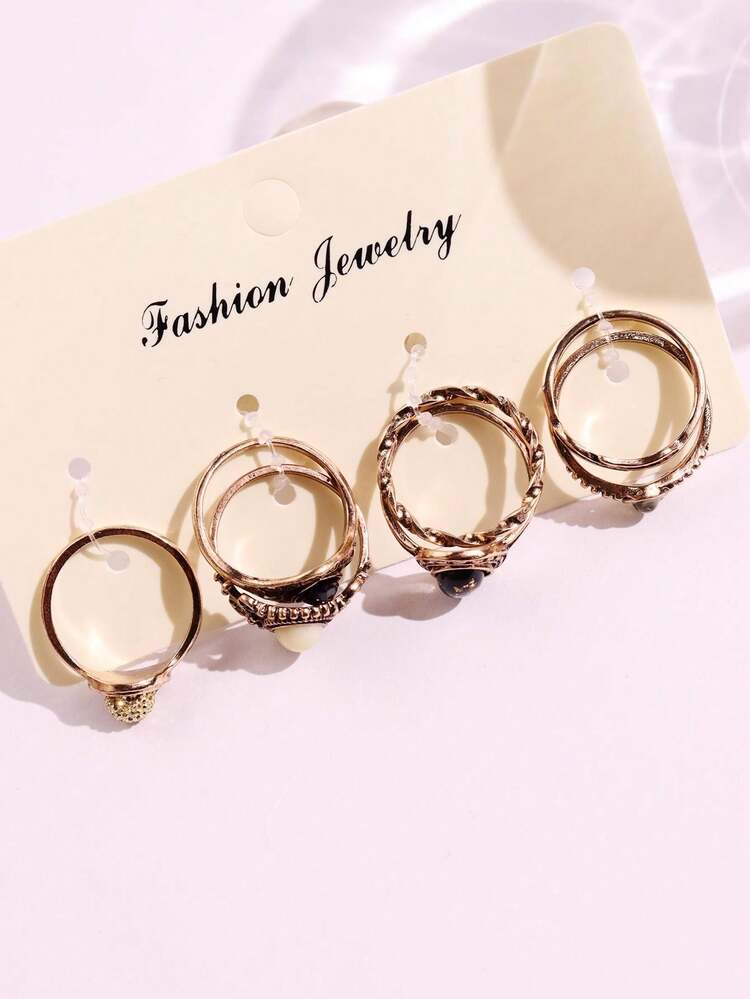 7pcs/Set Vintage Fashionable Elegant Hollow Floral Engraved Bezel-Set Faux Gemstone Gold Metal Rings For Women - Multicolor - View 3