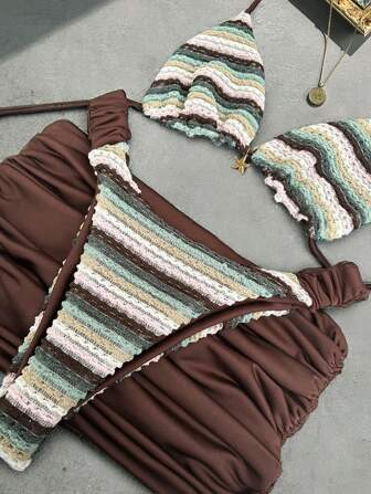 Bikinx Women's Summer Beach Wave Pattern Halter Neck Sexy Bikini Three-Piece Swimsuit Set With Cover-Up Skirt