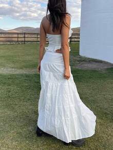 Y2k Maxi Skirt Set For Women Backless Lace Halter Top And Pleated Flowy Skirt Sets Beach Sheer Dress Summer 2 Piece Outfit Beach Set - trắng - Xem 7